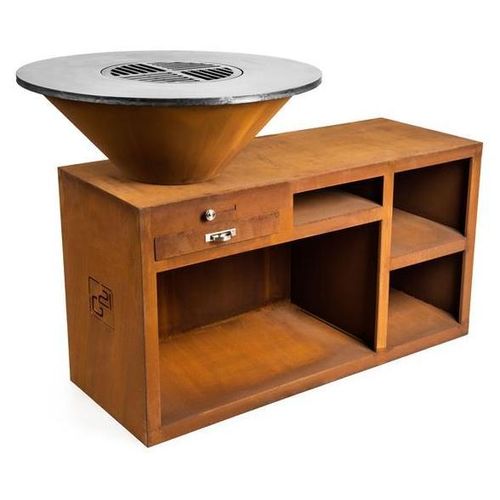 Cortenstahl Grill Idaho mit Plancha Ø 85 cm, Holzstauraum und mehreren Temperaturzonen