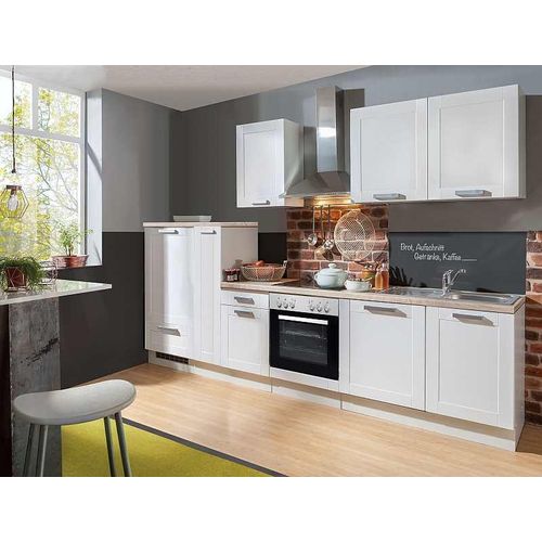 Landhaus Küchenblock Premium 300 cm mit Glaskeramik Kochfeld in Lacklaminat weiss