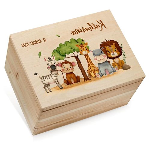 Lilletå ® Erinnerungsbox Safarifreunde - Erinnerungsbox für Babys mit Hochwertigem Farbdruck - Holzbox für Kindererinnerungen - Geschenk zur Geburt für Mädchen und Jungen