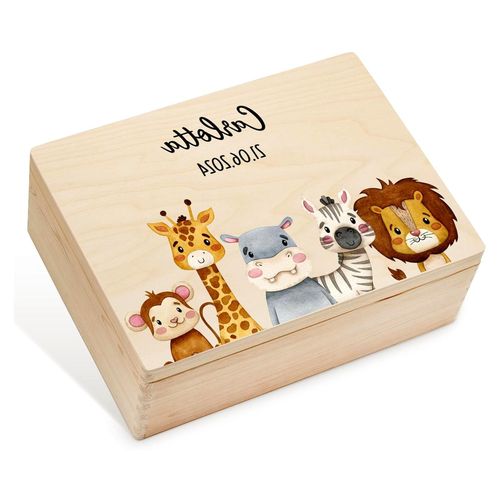 Lilletå ® Erinnerungsbox Safari Tiere - Aufbewahrungskiste für Babyerinnerungen - Holzgeschenk zur Geburt für Mädchen und Jungen