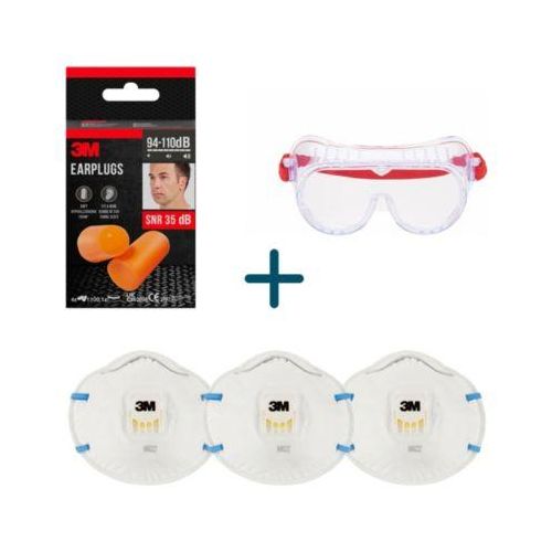 3M Schutzausrüstungs-Set, 1 x Schutzbrille 4700, EN 166:2001, 4 Paar Gehörschutzstöpsel 1100, SNR 35 dB + 3 x Atemschutzmaske Cool Flow™ 8822, FFP2