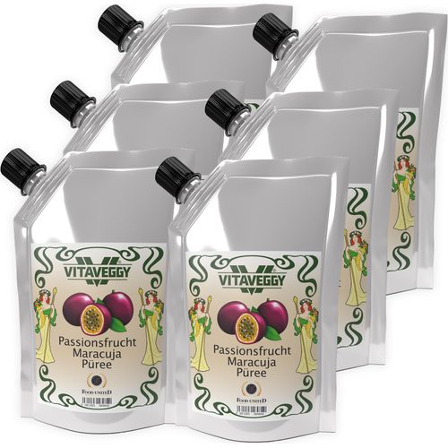VITAVEGGY PASSIONS-MARACUJA-FRUCHT Früchte-Püree 6x 1kg Grenadille-Granadille-Purpurgranadilla-Granadilla-Püree Food-United geeignet für Babybrei-Obstbrei Maracuja-Passionsfrucht-Saft-Smoothie-Sorbet-Schorle-Cocktail-Quark GVO-Frei Glutenfrei & 100% natü