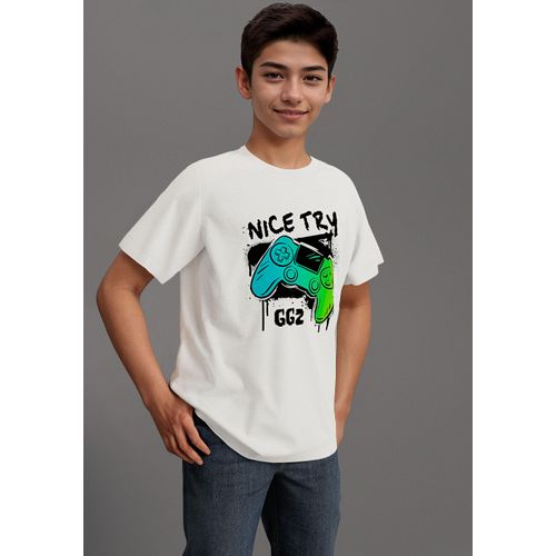 T-Shirt KIDSWORLD "Gamer-Druck: NICE TRY", Jungen, Gr. 140/146, weiß, Single Jersey, Obermaterial: 100% Baumwolle, bedruckt, Basic, Rundhals, Shirts T-Shirt, cooler Gamer-Print