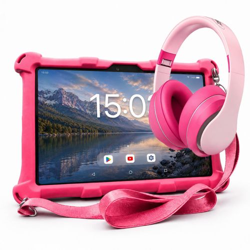 AngelTech Kinderpaket XL - Kindertablet + Kinderkopfhörer - Android 14 - 3+4 GB RAM - 32+64GB - Elternaufsicht - 10 Zoll - Rosa