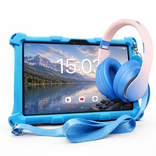 AngelTech Kinderpaket XL - Kindertablet + Kinderkopfhörer - Android 14 - 3+4 GB RAM - 32+64GB - Elternaufsicht - 10 Zoll - Blau