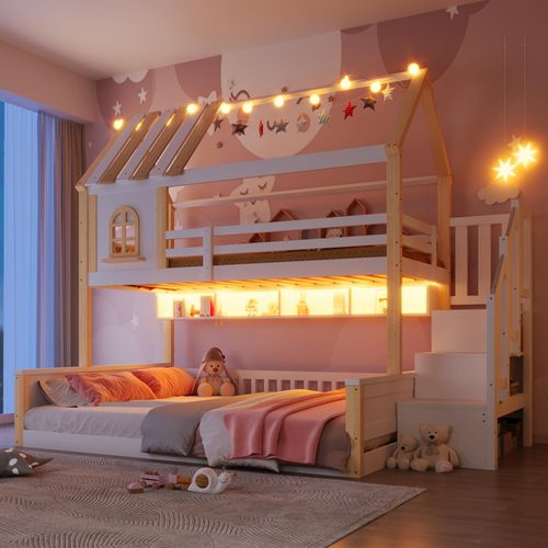 Etagenbett in Hausform mit LED-Beleuchtung und Fenstergestaltung 90 x 200 cm + 140 x 200 cm Kiefernholz Weiß Natur
