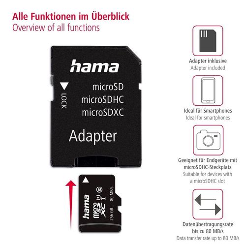 HAMA Speicherkarte "microSD Karte, Memory Fast, + Adapter/Mobile, Class 10 UHS-I", schwarz, 256 GB, Speicherkarten