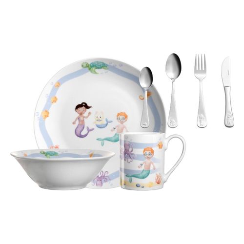 Kindergeschirr-Set LEONARDO "Kindergeschirr Set mit Besteck BAMBINI AVVENTURA", blau (meer), 7, Geschirr-Sets, Spülmaschinengeeignet
