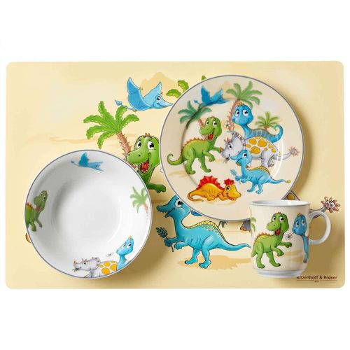 Kindergeschirr-Set RITZENHOFF & BREKER "Kindergeschirr mit Platzset Dino bunt", bunt, 4, Porzellan, Geschirr-Sets