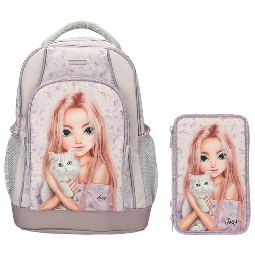 Rucksack DEPESCHE "Schul-Set BLOOMING KITTY TOPModel 2er Set flieder", Kinder, Gr. B/H/T: 2cm x 2cm x 2cm, lila (flieder), Polyester, Rucksäcke Rucksack