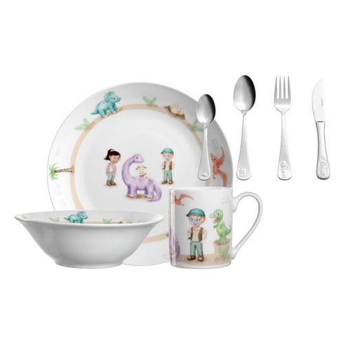 Kindergeschirr-Set LEONARDO "Kindergeschirr Set mit Besteck BAMBINI AVVENTURA", grün (dino), 7, Geschirr-Sets, Spülmaschinengeeignet