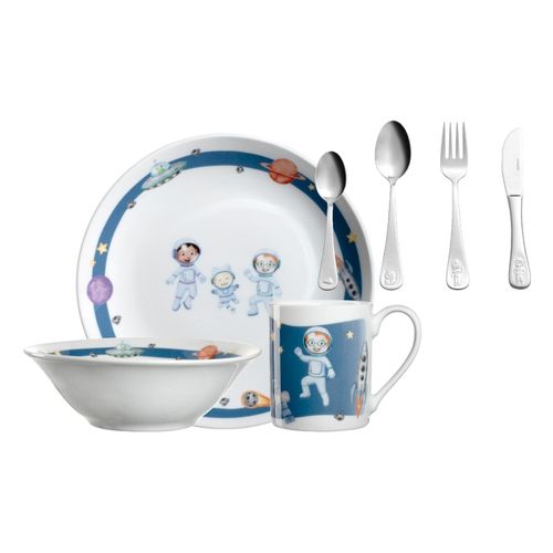 Kindergeschirr-Set LEONARDO "Kindergeschirr Set mit Besteck BAMBINI AVVENTURA", blau (weltall), 7, Geschirr-Sets, Spülmaschinengeeignet