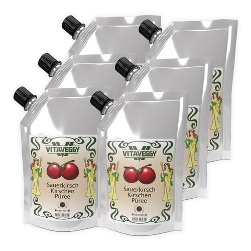 VITAVEGGY Früchte-Püree SAUERKIRSCHE 6x1kg ohne Aroma- Farb- & Konservierungsmittel von Food-United, Sauerkirschpüree für Obstbrei & Obsmus oder als Kirschsaft Sauerkirsch-Smoothie oder für Sorbets Cocktails Shakes Desserts, GVO-Frei Glutenfrei & 1