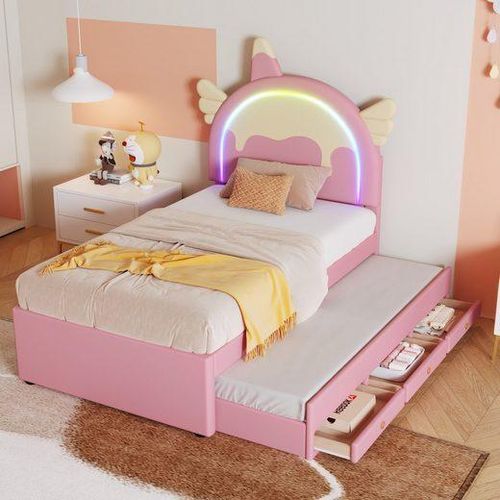 Odikalo Kinderbett Rollbett Cartoon Einhornform Ausziehbar Kunstleder LED Rosa 90