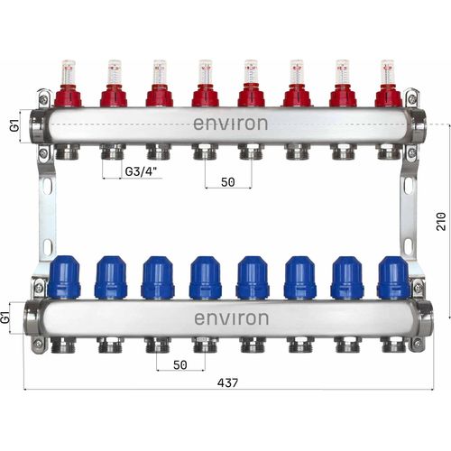 Edelstahl Heizkreisverteiler – 2 bis 12 Heizkreise - 8-fach