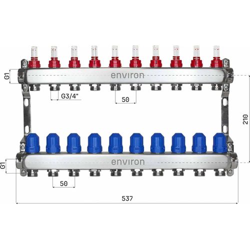Edelstahl Heizkreisverteiler – 2 bis 12 Heizkreise - 10-fach