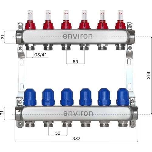 Edelstahl Heizkreisverteiler – 2 bis 12 Heizkreise - 6-fach