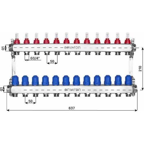 Edelstahl Heizkreisverteiler – 2 bis 12 Heizkreise - 12-fach