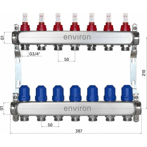 Edelstahl Heizkreisverteiler – 2 bis 12 Heizkreise - 7-fach