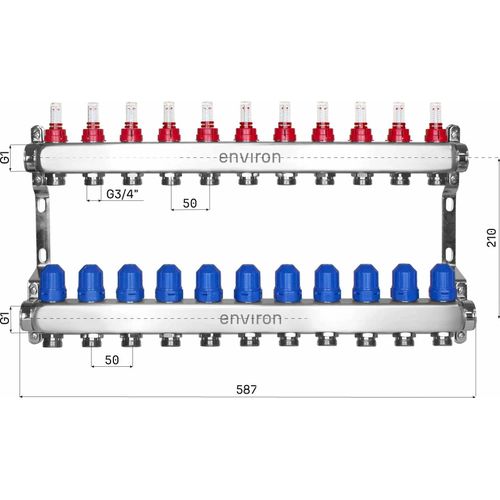 Edelstahl Heizkreisverteiler – 2 bis 12 Heizkreise - 11-fach