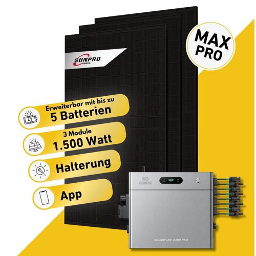 Balkonstrom Balkonkraftwerk 1500W Solaranlage mit Speicher | 3xSolarmodul | Zendure SolarFlow 2400 Pro