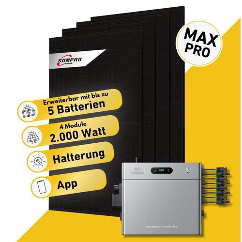 Balkonstrom Balkonkraftwerk 2000W Solaranlage mit Speicher | 4xSolarmodul | Zendure SolarFlow 2400 Pro