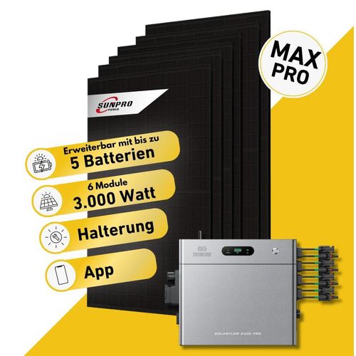 Balkonstrom Balkonkraftwerk 2000W Solaranlage mit Speicher | 6xSolarmodul | Zendure SolarFlow 2400 Pro