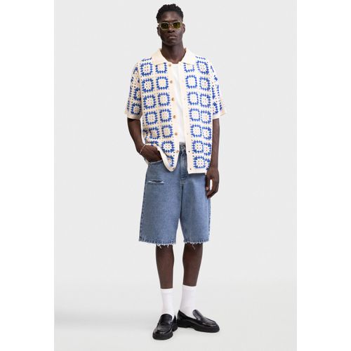 Kurzarmhemd REDEFINED REBEL "Redefined Rebel Shirt RRFabian Shirt Crochet BOXY FIT", Herren, Gr. M, bunt (victoria blau), Web, 100% Acryl, Hemden