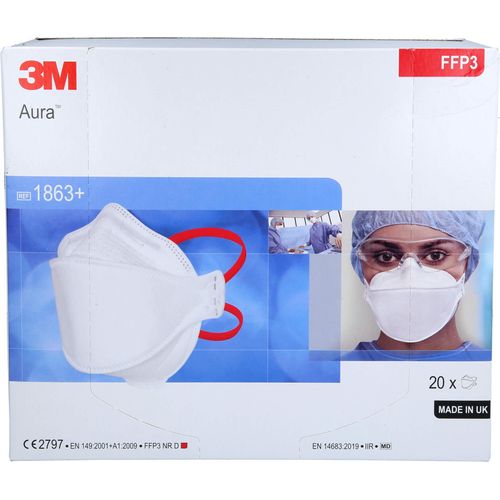 3M Aura Atemschutzmasken FFP3, Typ II R ohne Ventil 1863+ FFP 3
