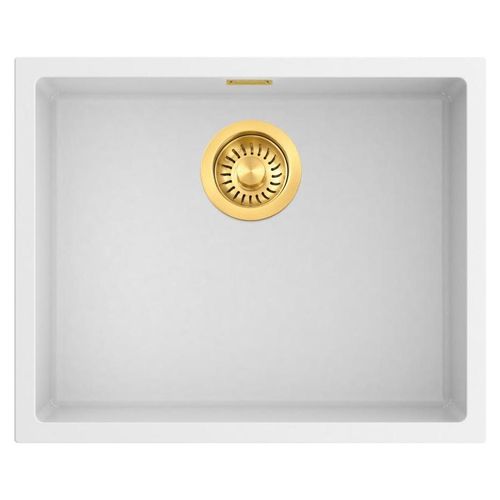 Pure.Sink Eternal Quartz Weiße Spüle 50 x 40 cm, Unterbau- und Aufsatzmodell mit goldenem Stöpsel