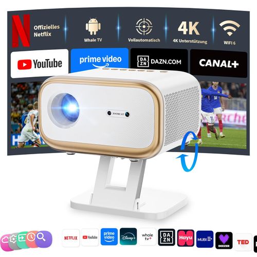 Beamer 4K Heimkino Mit Netflix lizenzierter (Autofokus)Mit Ständer Beamer, Full HD 1080P, Auto Trapezkorrektur, Auto Hindernisvermeidung