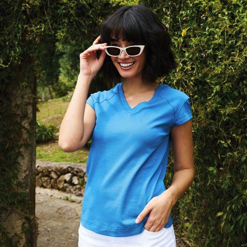Supima-Shirt mit V-Ausschnitt und Kappärmeln, Damen,  Blau, Baumwolle, by Lands' End