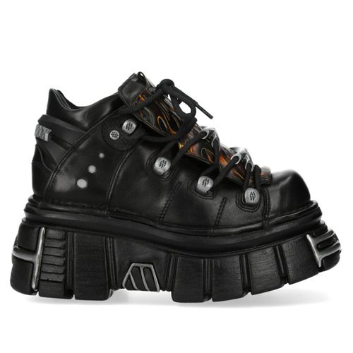 New Rock M-106N-C86 Zwarte Vlammen Leren Gothic Enkel Plateau Laarzen