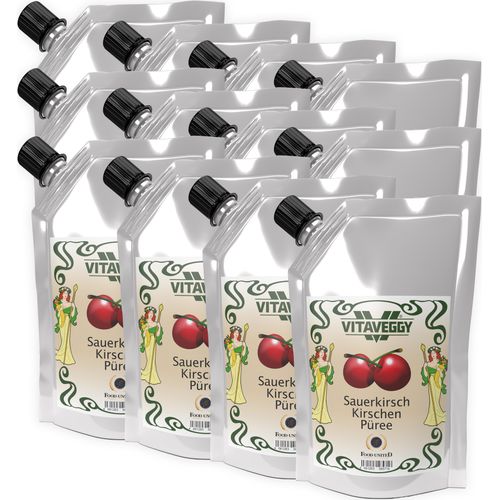 VITAVEGGY Früchte-Püree SAUERKIRSCHE 12x1kg ohne Aroma- Farb- & Konservierungsmittel von Food-United, Sauerkirschpüree für Obstbrei & Obsmus oder als Kirschsaft Sauerkirsch-Smoothie oder für Sorbets Cocktails Shakes Desserts, GVO-Frei Glutenfrei & 1