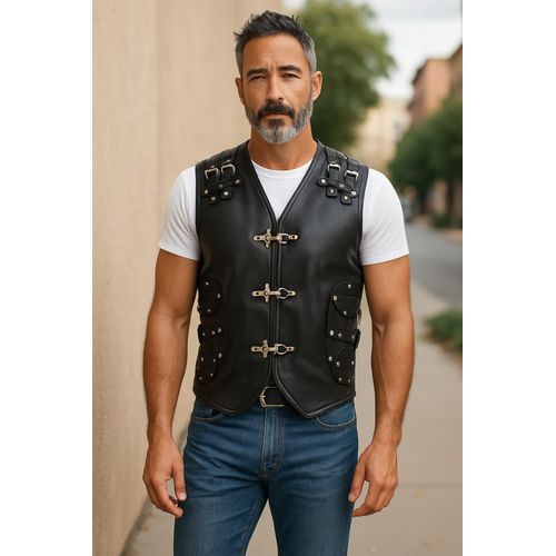 Heren zwart biker leren vest met metalen gespen - Pinetown