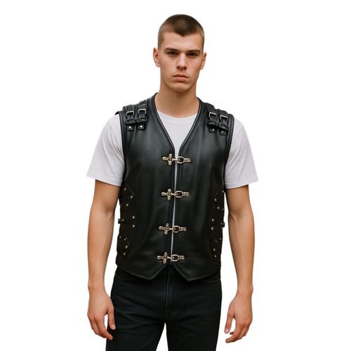 Heren zwart biker leren vest met metalen gespen - Oudtshoorn
