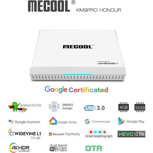 MECOOL KM9 Pro Honour TV Box Google e Sprachsteuerung mit 4GB RAM+32GB ROM Unterstützung für Cast und 4K HDR white_ EU-Stecker