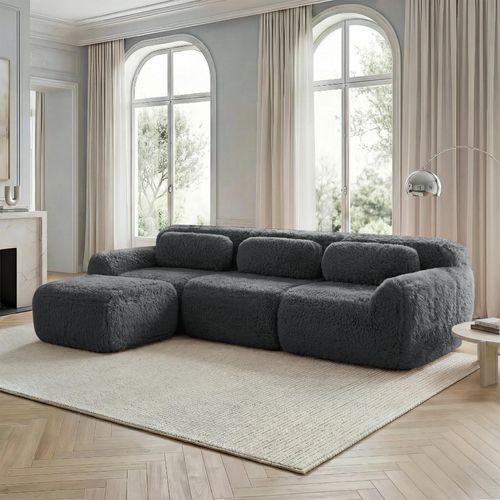 Plüsch-Tiefsofa L-Form, rahmenlos, modular, kein Aufbau nötig, mit Kissen, 291 x 179 x 73 cm, Grau