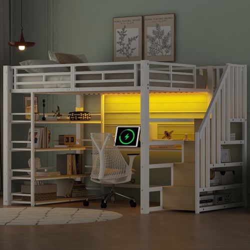 Metall-Hochbett 140x200 cm Treppe Schreibtisch Staufächer USB LED Weiß