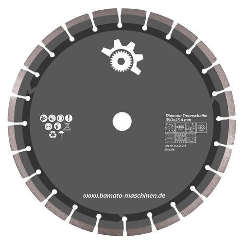 BAMATO Diamant-Trennscheibe 350 x 25,4 mm Diamanttrennscheibe für Beton, Stein, Granit, uvm. 10 mm Segmente