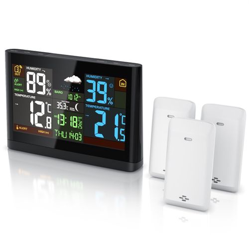 BEARWARE Wetterstation, Funk, Farbdisplay, 3 Außensensoren, DCF-Signal, Luftdruck, Barometer, Wetterprognose, Netzteil, Anleitung
