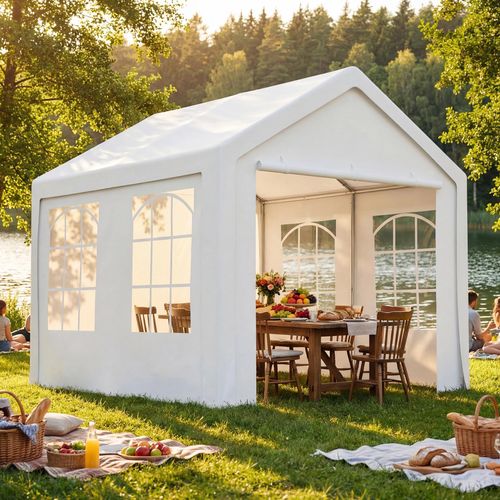 3x3m Partyzelt Festzelt Pavillon Carport Gartenzelt Garagenzelt Unterstand Lagerzelt mit Fenstern Bierzelt weiß Wasserdicht UV Schutz Festzelt