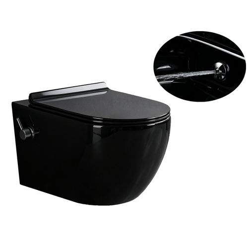 spülrandloses TAHARET-SCHWARZ Dusch WC inkl. Armatur und Soft-Close Sitz