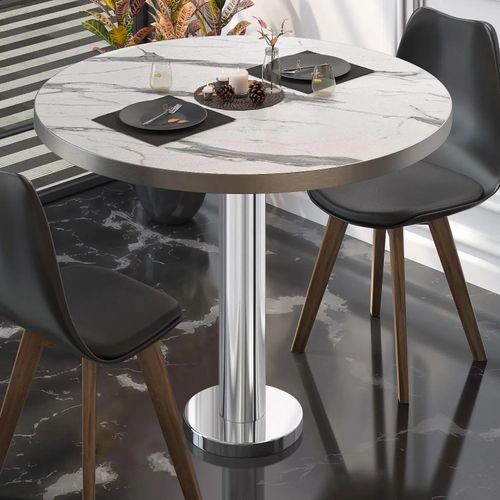 BML | Bistrotisch | Ø:H 60 x 75 cm | Weiß Marmor / Edelstahl | Rund | Edelstahl Rand | Bistrotisch Gastro Tisch