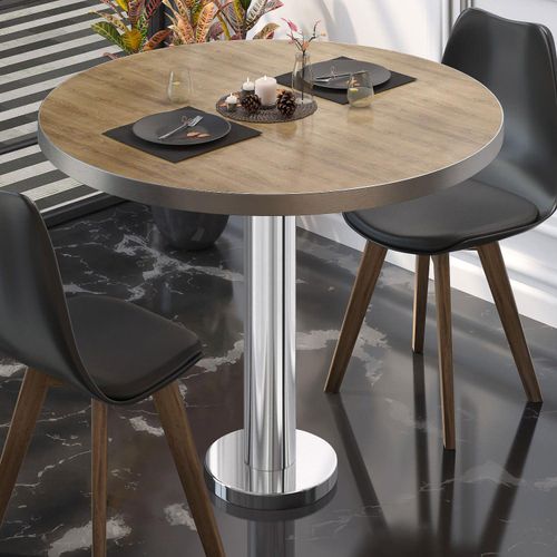 BML | Bistrotisch | Ø:H 80 x 75 cm | Eiche / Edelstahl | Rund | Edelstahl Rand | Bistrotisch Gastro Tisch