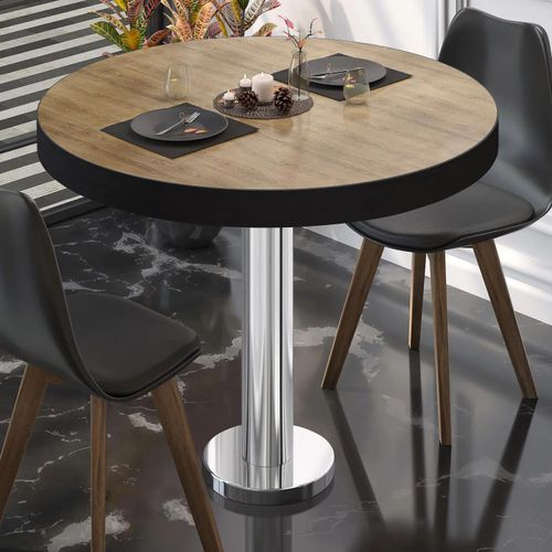 BML | Bistrotisch | Ø:H 70 x 77 cm | Eiche / Edelstahl | Rund | Schwarzer Rand | Bistrotisch Gastro Tisch