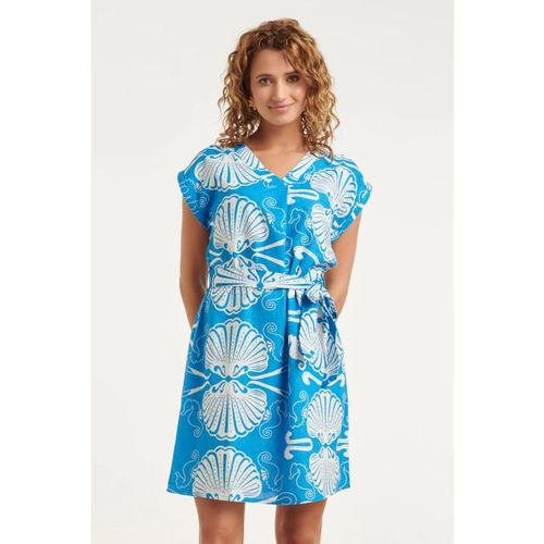 Smashed Lemon Blauwe jurk met witte schelpenprint en ceintuur |