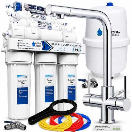 Wasserfilter Set RO7 mit 3-Wege Küchenarmatur Venom 2 Chrom, 7-stufige Umkehrosmose, Mineralisierung, Ionisierung