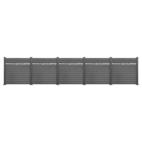 WPC-Sichtschutzzaun Valla – 5 Elemente mit 6 Pfosten – 190 cm Höhe mit Dekorelement – Grau