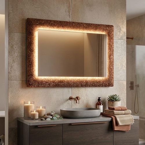 Spiegel mit Rahmen aus geschmolzenem Bronze-Glasgranulat und LED-Beleuchtung 90 x 62 cm